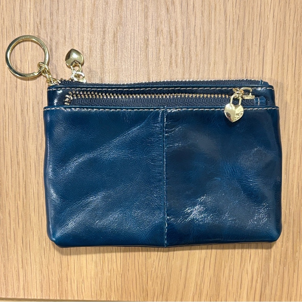 MBDM Limoges Prussian Blue Leather Zip Keychain Wallet Gold Zipper Hardware NWOT